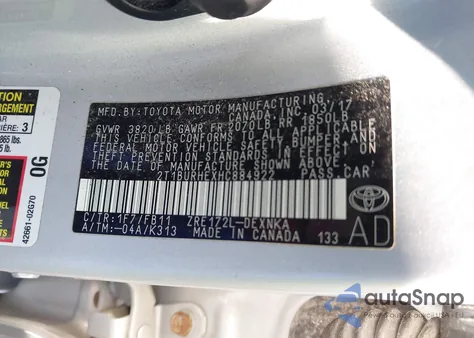 2017 Toyota Corolla Le z USA, uszkodzony, nr VIN 2T1BURHEXHC884922